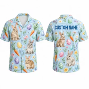 Personalized Easter Bunny And Egg Hawaiian Shirt For Men And Women, Short Sleeve Cute Spring Holiday Print, Custom Name Summer Button Down