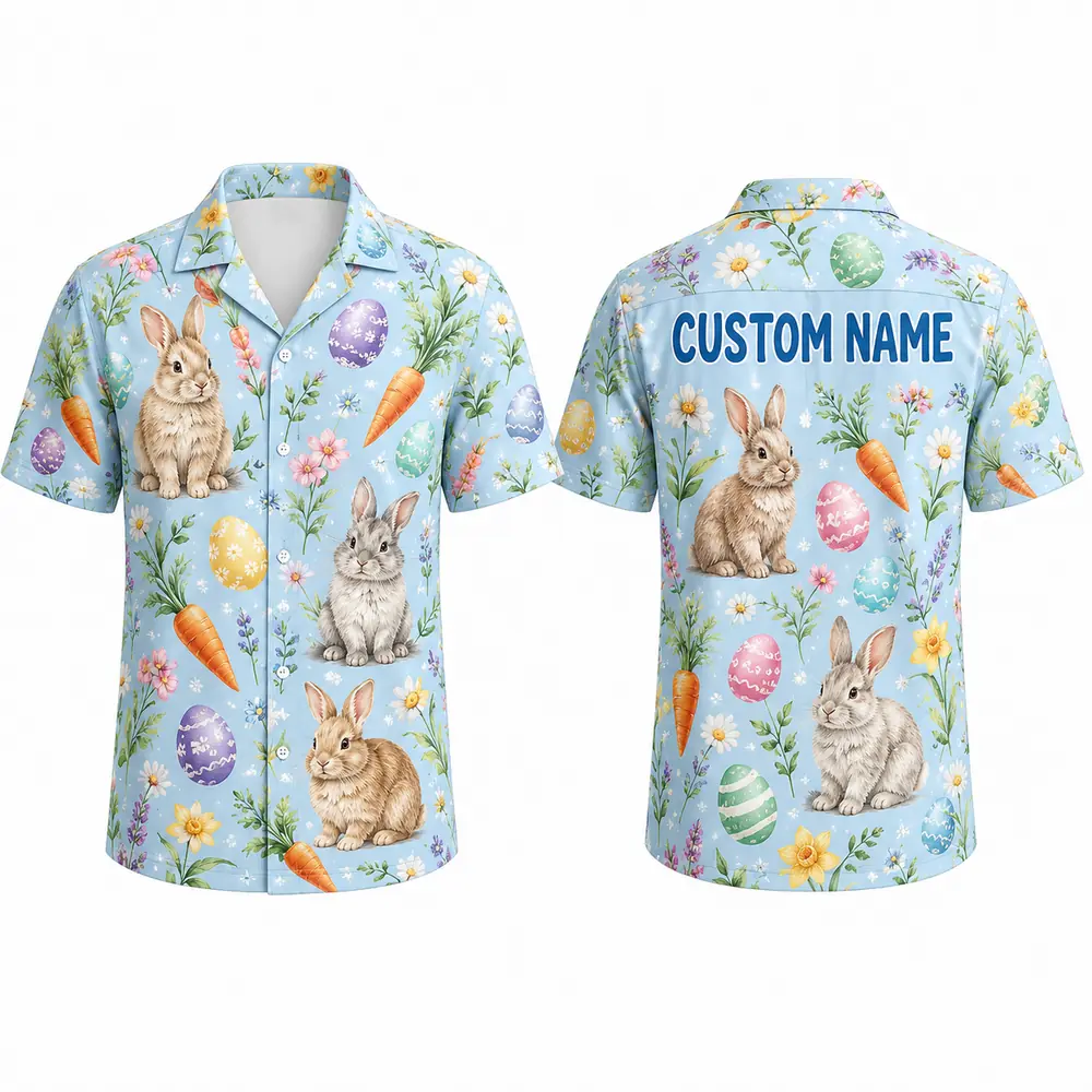 Personalized Easter Bunny And Egg Hawaiian Shirt For Men And Women, Short Sleeve Cute Spring Holiday Print, Custom Name Summer Button Down