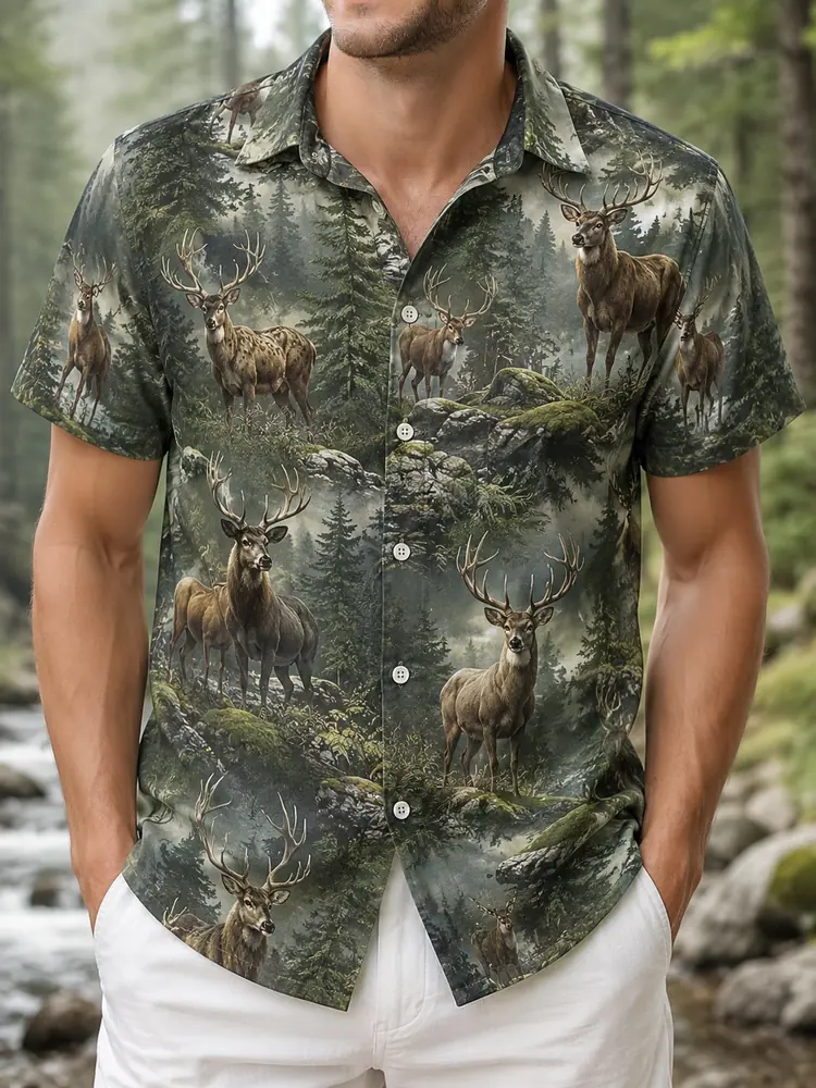 Personalized Elk Hunting Hawaiian Shirt For Men, Short Sleeve Wilderness Forest, Custom Name Summer Button Down - Style 1