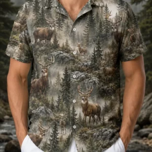 Personalized Elk Hunting Hawaiian Shirt For Men, Short Sleeve Wilderness Forest, Custom Name Summer Button Down - Style 2