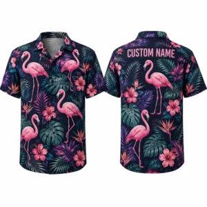 Personalized Flamingo Tropical Hawaiian Shirt For Men And Women, Short Sleeve Vibrant Summer Beach Print, Custom Name Button Down