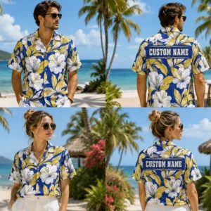 Personalized Floral Hawaiian Shirt For Men And Women, Short Sleeve Vibrant Yellow Hibiscus Island Vacation Print, Custom Name Summer Button Down - View 1