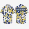 Personalized Floral Hawaiian Shirt For Men And Women, Short Sleeve Vibrant Yellow Hibiscus Island Vacation Print, Custom Name Summer Button Down