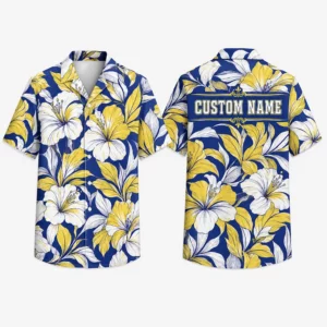 Personalized Floral Hawaiian Shirt For Men And Women, Short Sleeve Vibrant Yellow Hibiscus Island Vacation Print, Custom Name Summer Button Down
