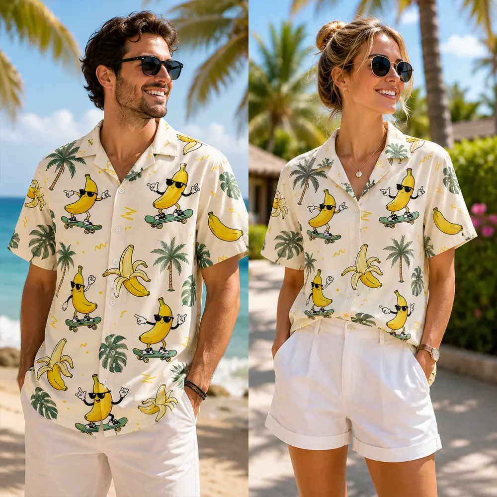 Personalized Funny Banana Beach Hawaiian Shirt For Men And Women, Short Sleeve Tropical Summer Fruit Print, Custom Name Button Down - View 1