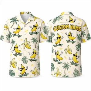 Personalized Funny Banana Beach Hawaiian Shirt For Men And Women, Short Sleeve Tropical Summer Fruit Print, Custom Name Button Down
