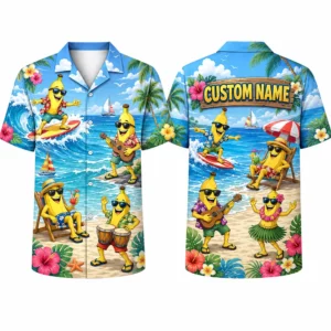 Personalized Funny Banana Beach Party Hawaiian Shirt For Men And Women, Short Sleeve Tropical Summer Character Print, Custom Name Button Down