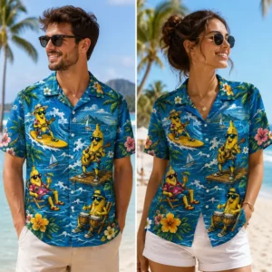 Personalized Funny Banana Beach Vacation Hawaiian Shirt For Men And Women, Short Sleeve Blue Tropical Character Print, Custom Name Button Down - View 1
