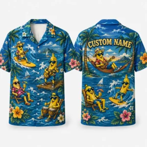 Personalized Funny Banana Beach Vacation Hawaiian Shirt For Men And Women, Short Sleeve Blue Tropical Character Print, Custom Name Button Down