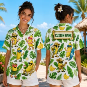 Personalized Funny Banana Hawaiian Shirt For Men And Women, Short Sleeve Tropical Summer Character Print, Custom Name Button Down - View 1