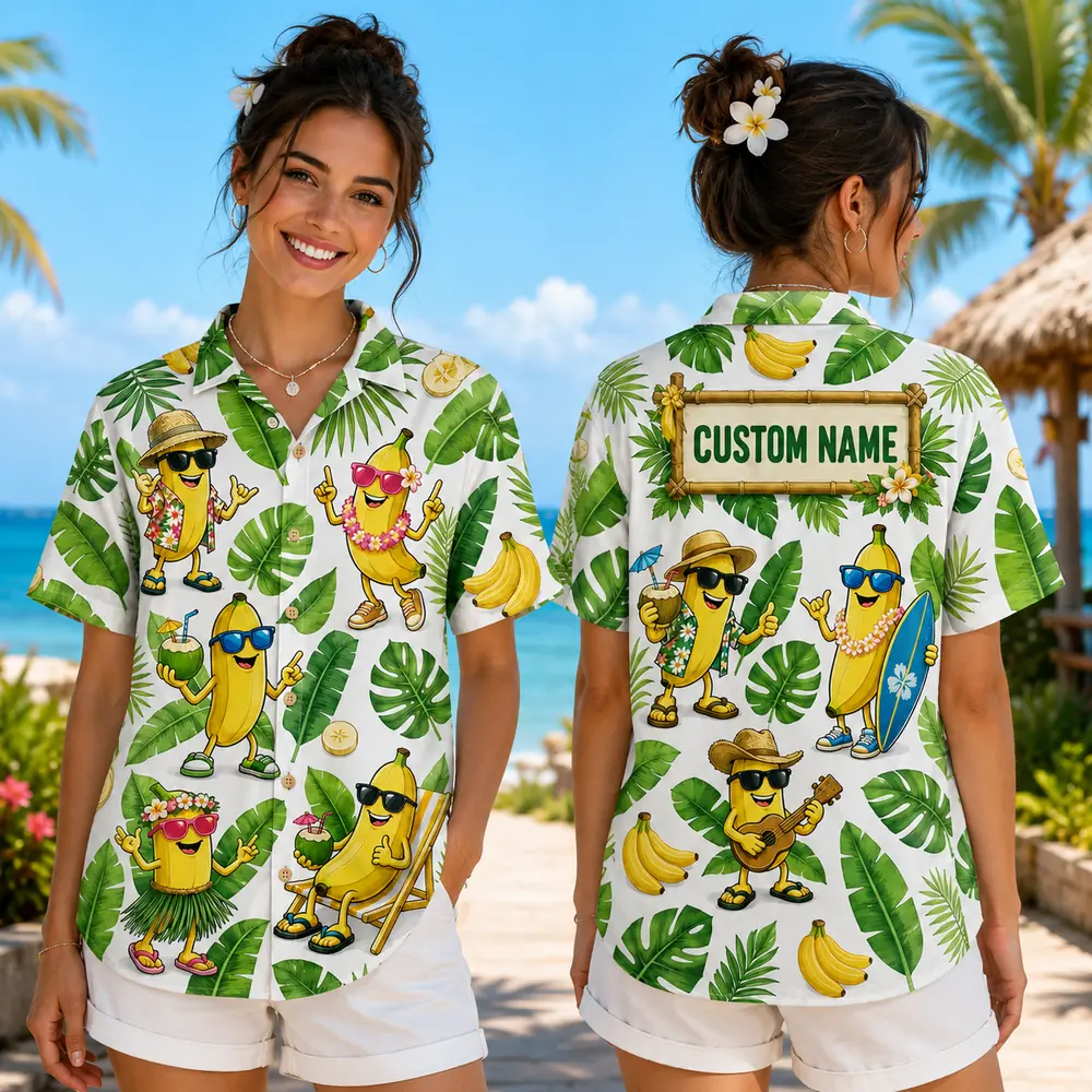 Personalized Funny Banana Hawaiian Shirt For Men And Women, Short Sleeve Tropical Summer Character Print, Custom Name Button Down - View 1