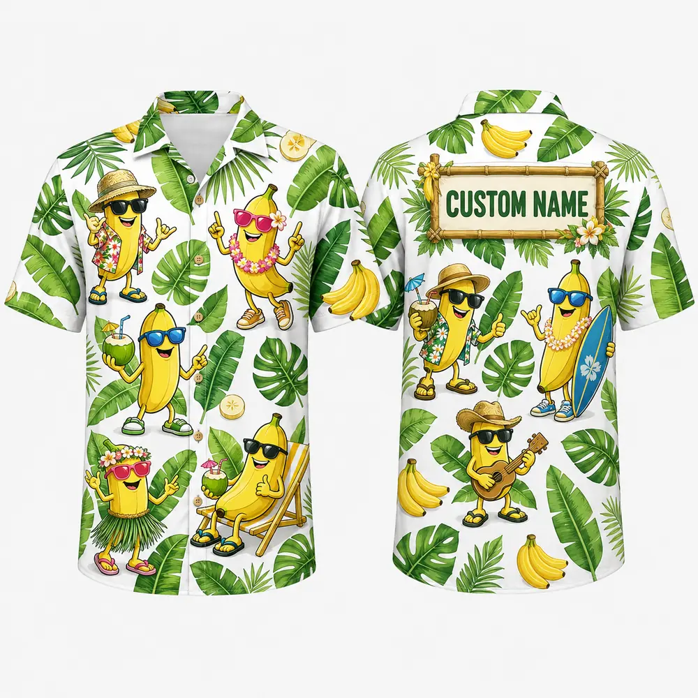 Personalized Funny Banana Hawaiian Shirt For Men And Women, Short Sleeve Tropical Summer Character Print, Custom Name Button Down - View 2