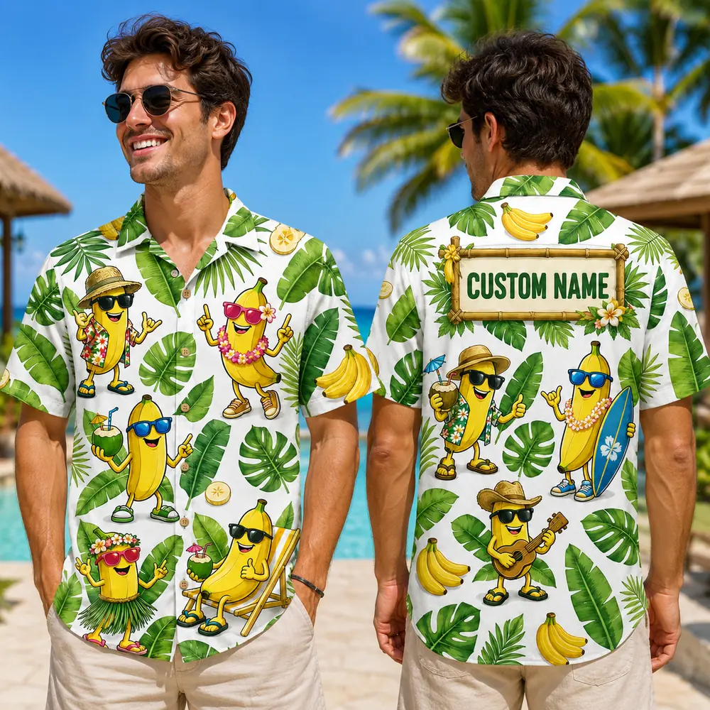 Personalized Funny Banana Hawaiian Shirt For Men And Women, Short Sleeve Tropical Summer Character Print, Custom Name Button Down