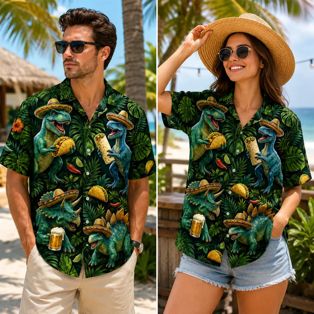 Personalized Funny Dinosaur Fiesta Hawaiian Shirt For Men And Women, Short Sleeve Tropical Mexican Jungle Print, Custom Name Summer Button Down - View 1
