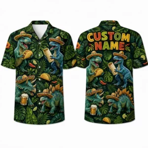 Personalized Funny Dinosaur Fiesta Hawaiian Shirt For Men And Women, Short Sleeve Tropical Mexican Jungle Print, Custom Name Summer Button Down