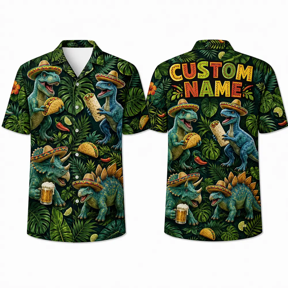 Personalized Funny Dinosaur Fiesta Hawaiian Shirt For Men And Women, Short Sleeve Tropical Mexican Jungle Print, Custom Name Summer Button Down