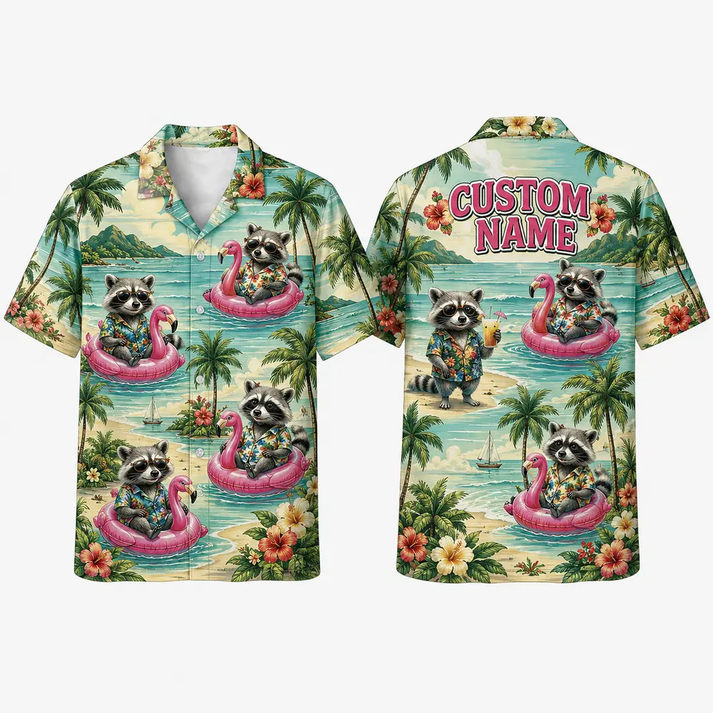 Personalized Funny Raccoon Pool Float Hawaiian Shirt For Men And Women, Short Sleeve Tropical Summer Animal Print, Custom Name Button Down