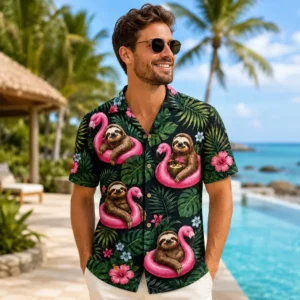 Personalized Funny Sloth Hawaiian Shirt For Men And Women, Short Sleeve Tropical Flamingo Pool Print, Custom Name Summer Button Down - View 1