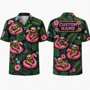Personalized Funny Sloth Hawaiian Shirt For Men And Women, Short Sleeve Tropical Flamingo Pool Print, Custom Name Summer Button Down