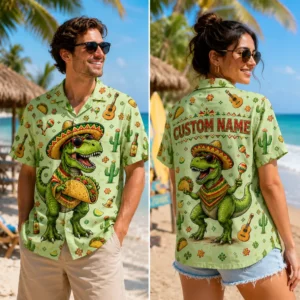 Personalized Funny T-Rex Fiesta Hawaiian Shirt For Men And Women, Short Sleeve Mexican Taco Dinosaur Print, Custom Name Summer Button Down - View 1