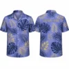 Personalized Gold Leaf Tropical Hawaiian Shirt For Men And Women, Short Sleeve Elegant Blue Purple Resort Print, Custom Name Button Down