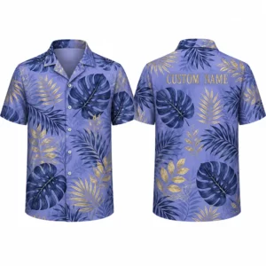 Personalized Gold Leaf Tropical Hawaiian Shirt For Men And Women, Short Sleeve Elegant Blue Purple Resort Print, Custom Name Button Down