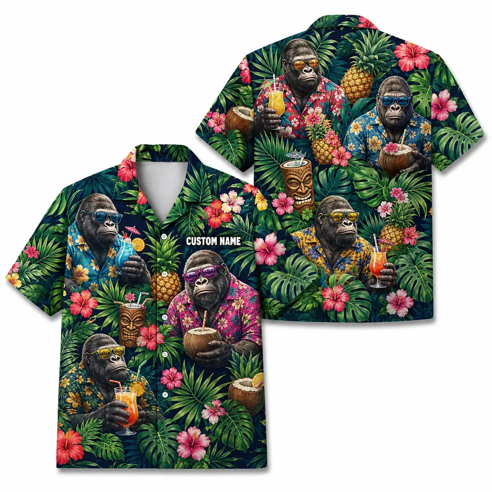 Personalized Gorilla Monkey Tropical Fruit Aloha Hawaiian Shirt For Men And Women, Short Sleeve Funny Wildlife Vacation, Custom Name Button Down - Style 1