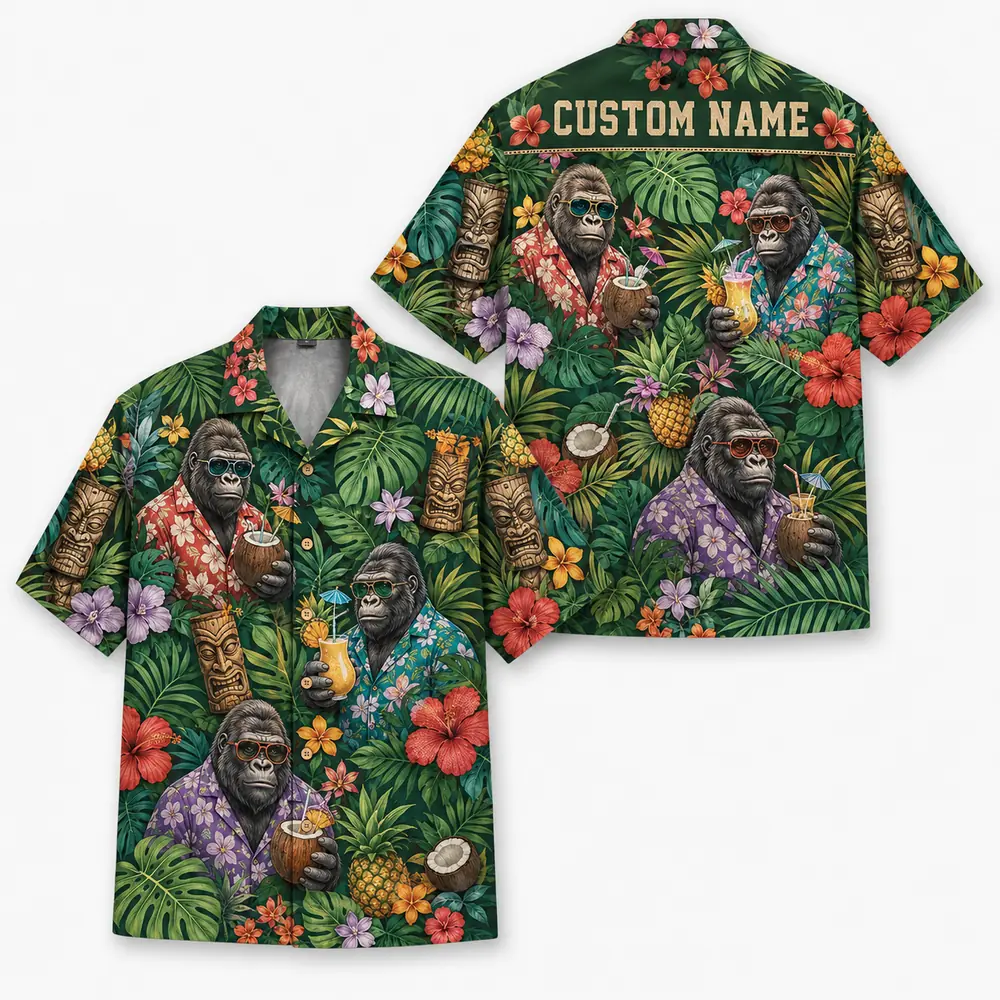 Personalized Gorilla Monkey Tropical Fruit Aloha Hawaiian Shirt For Men And Women, Short Sleeve Funny Wildlife Vacation, Custom Name Button Down - Style 10