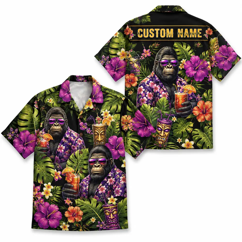 Personalized Gorilla Monkey Tropical Fruit Aloha Hawaiian Shirt For Men And Women, Short Sleeve Funny Wildlife Vacation, Custom Name Button Down - Style 2