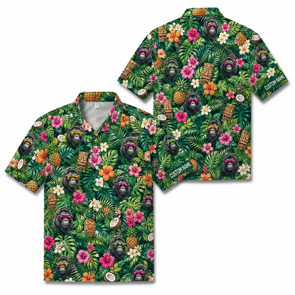 Personalized Gorilla Monkey Tropical Fruit Aloha Hawaiian Shirt For Men And Women, Short Sleeve Funny Wildlife Vacation, Custom Name Button Down - Style 3