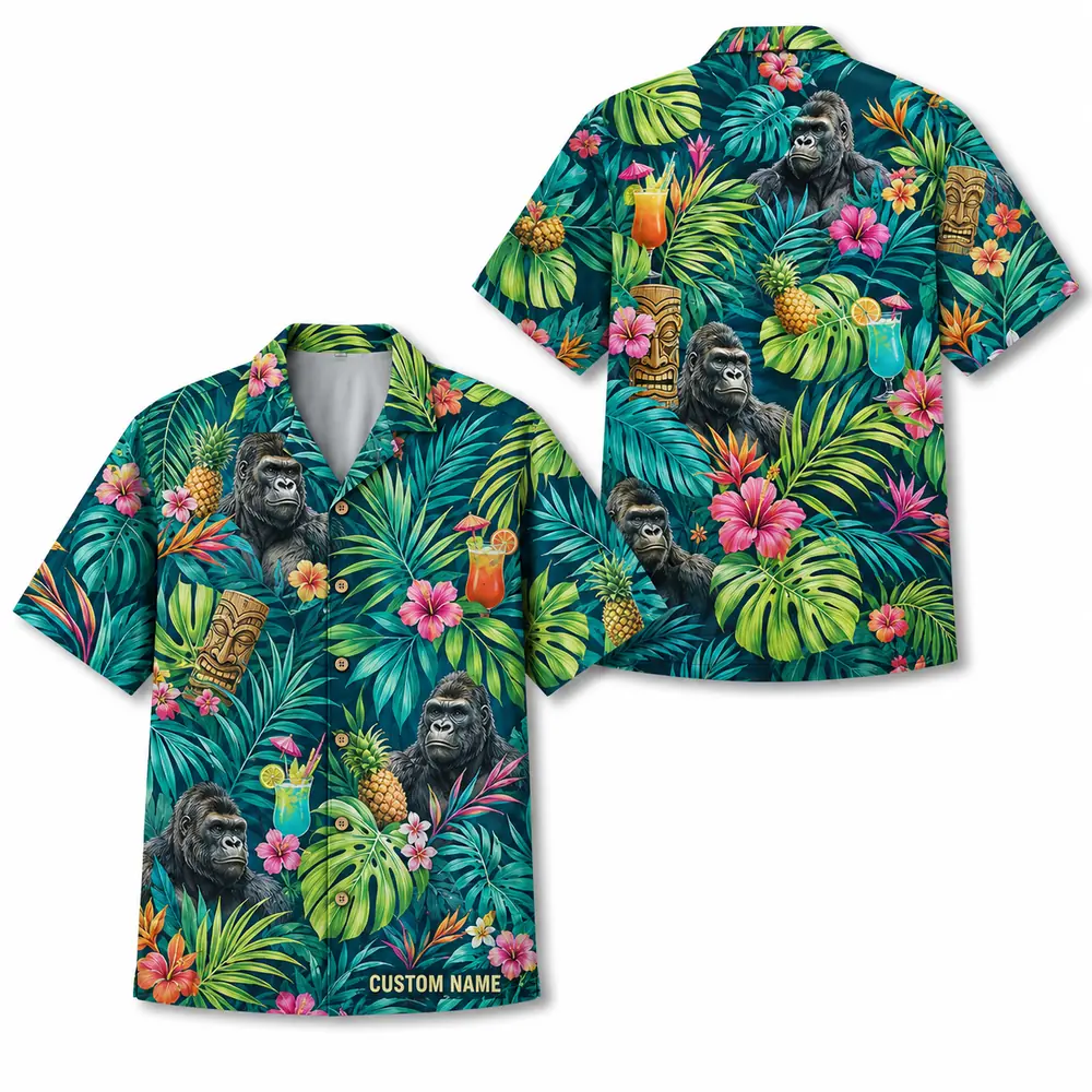 Personalized Gorilla Monkey Tropical Fruit Aloha Hawaiian Shirt For Men And Women, Short Sleeve Funny Wildlife Vacation, Custom Name Button Down - Style 4