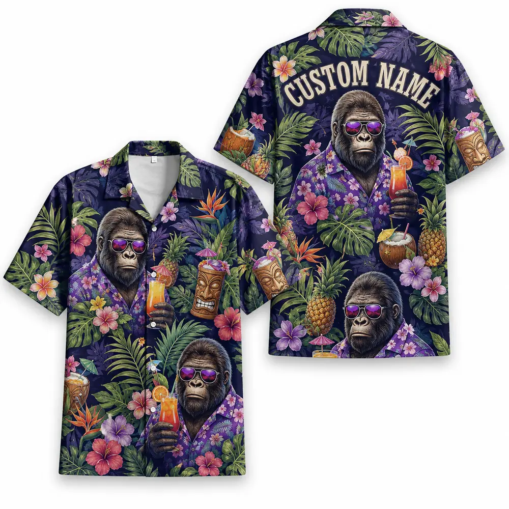 Personalized Gorilla Monkey Tropical Fruit Aloha Hawaiian Shirt For Men And Women, Short Sleeve Funny Wildlife Vacation, Custom Name Button Down - Style 5