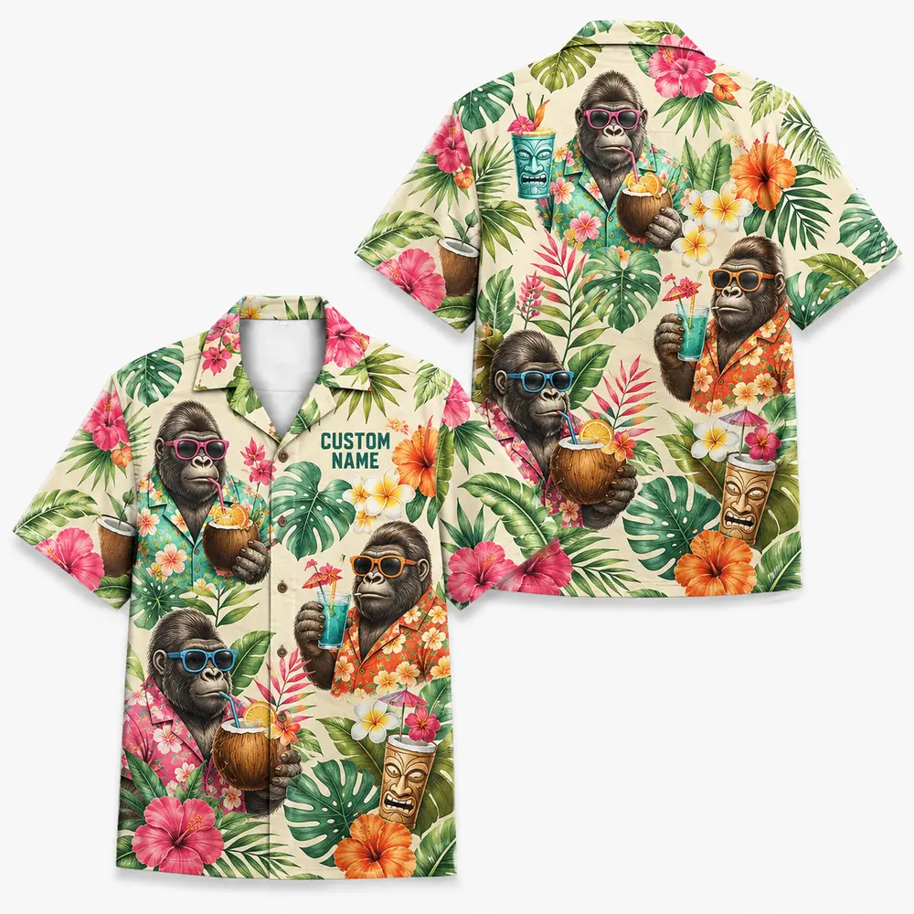 Personalized Gorilla Monkey Tropical Fruit Aloha Hawaiian Shirt For Men And Women, Short Sleeve Funny Wildlife Vacation, Custom Name Button Down - Style 6