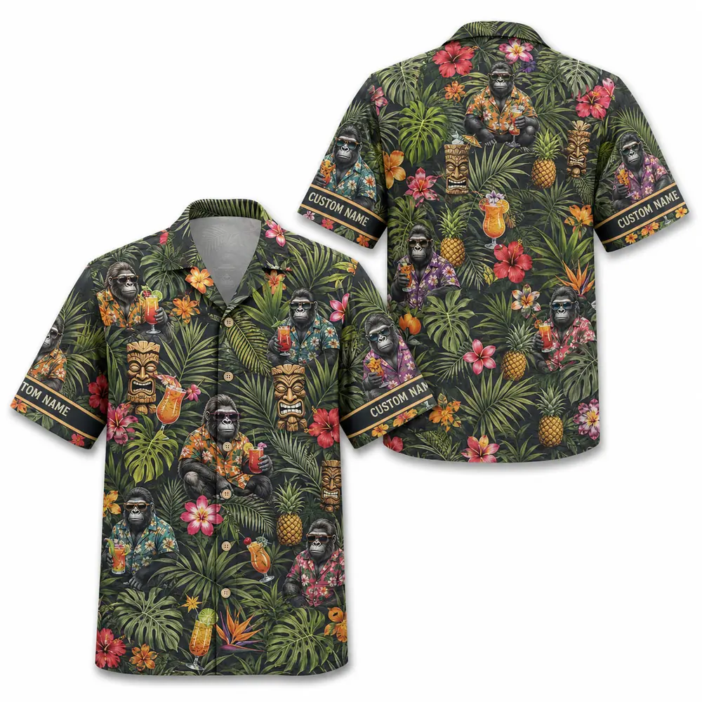 Personalized Gorilla Monkey Tropical Fruit Aloha Hawaiian Shirt For Men And Women, Short Sleeve Funny Wildlife Vacation, Custom Name Button Down - Style 7