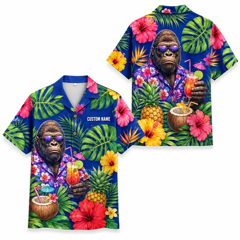 Personalized Gorilla Monkey Tropical Fruit Aloha Hawaiian Shirt For Men And Women, Short Sleeve Funny Wildlife Vacation, Custom Name Button Down - Style 8