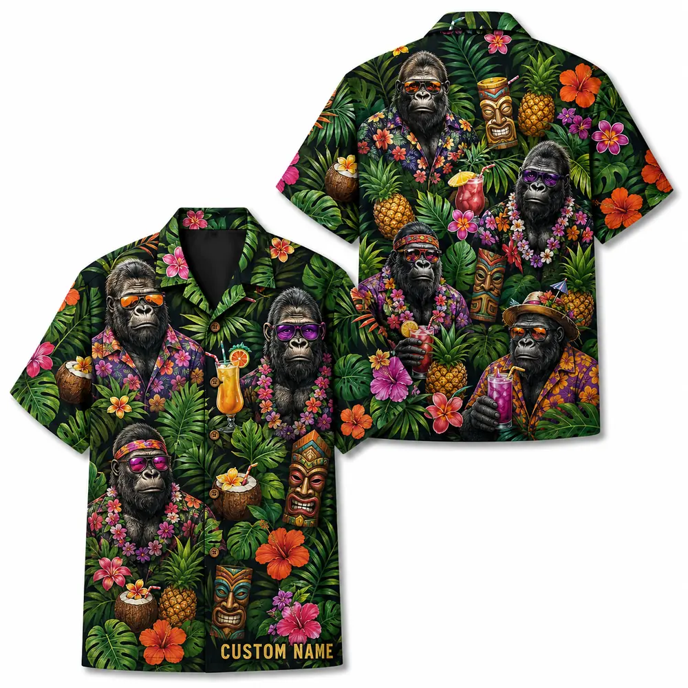 Personalized Gorilla Monkey Tropical Fruit Aloha Hawaiian Shirt For Men And Women, Short Sleeve Funny Wildlife Vacation, Custom Name Button Down - Style 9