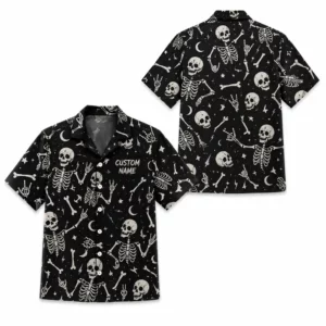 Personalized Gothic Skull Hawaiian Shirt, Spooky Skeleton Bones Aloha Shirt, Custom Name Festival Party Shirt For Men And Women - Style 1