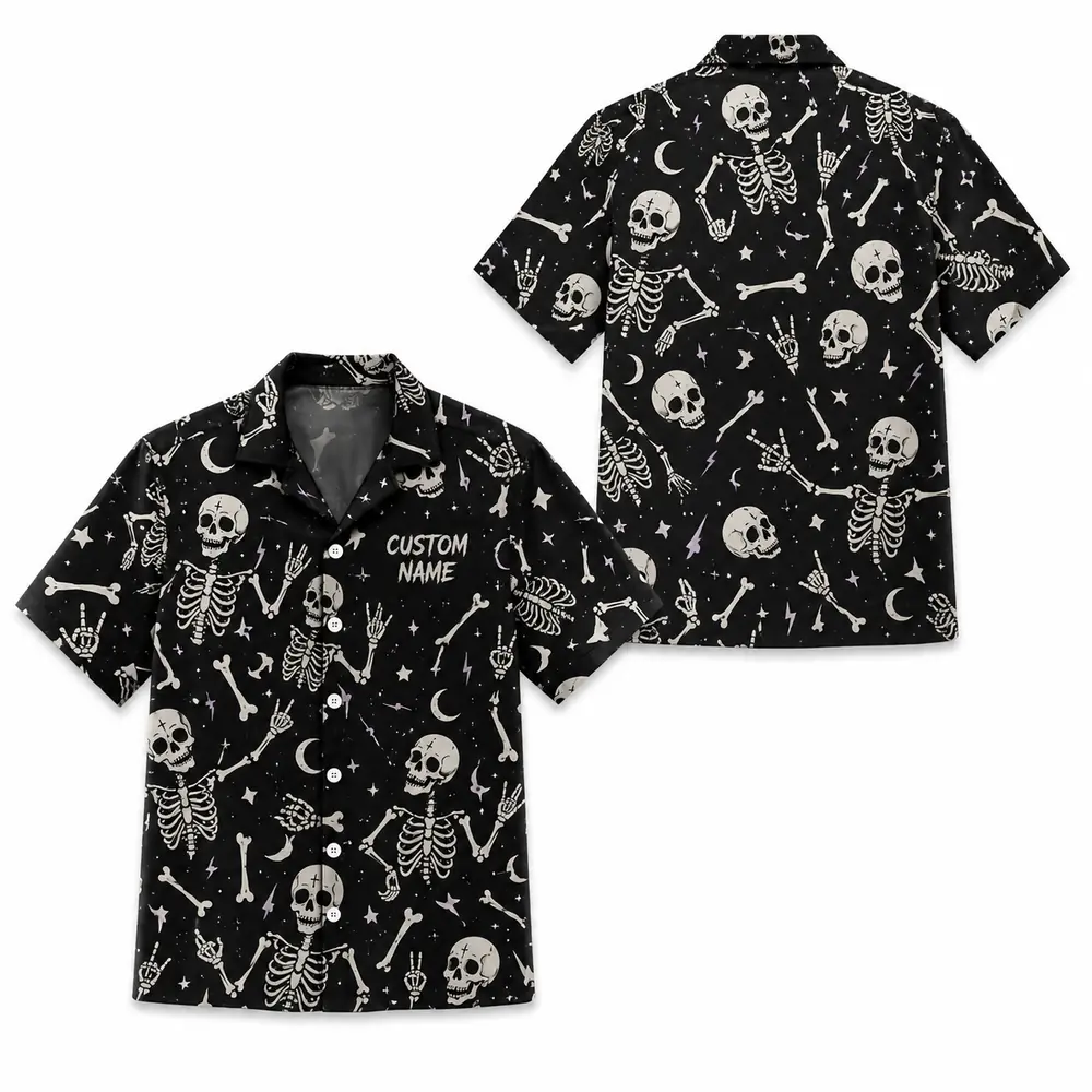 Personalized Gothic Skull Hawaiian Shirt, Spooky Skeleton Bones Aloha Shirt, Custom Name Festival Party Shirt For Men And Women - Style 1