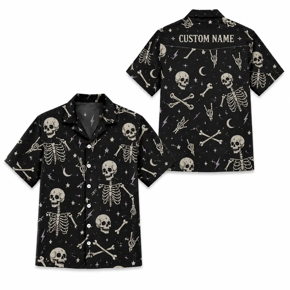 Personalized Gothic Skull Hawaiian Shirt, Spooky Skeleton Bones Aloha Shirt, Custom Name Festival Party Shirt For Men And Women - Style 10