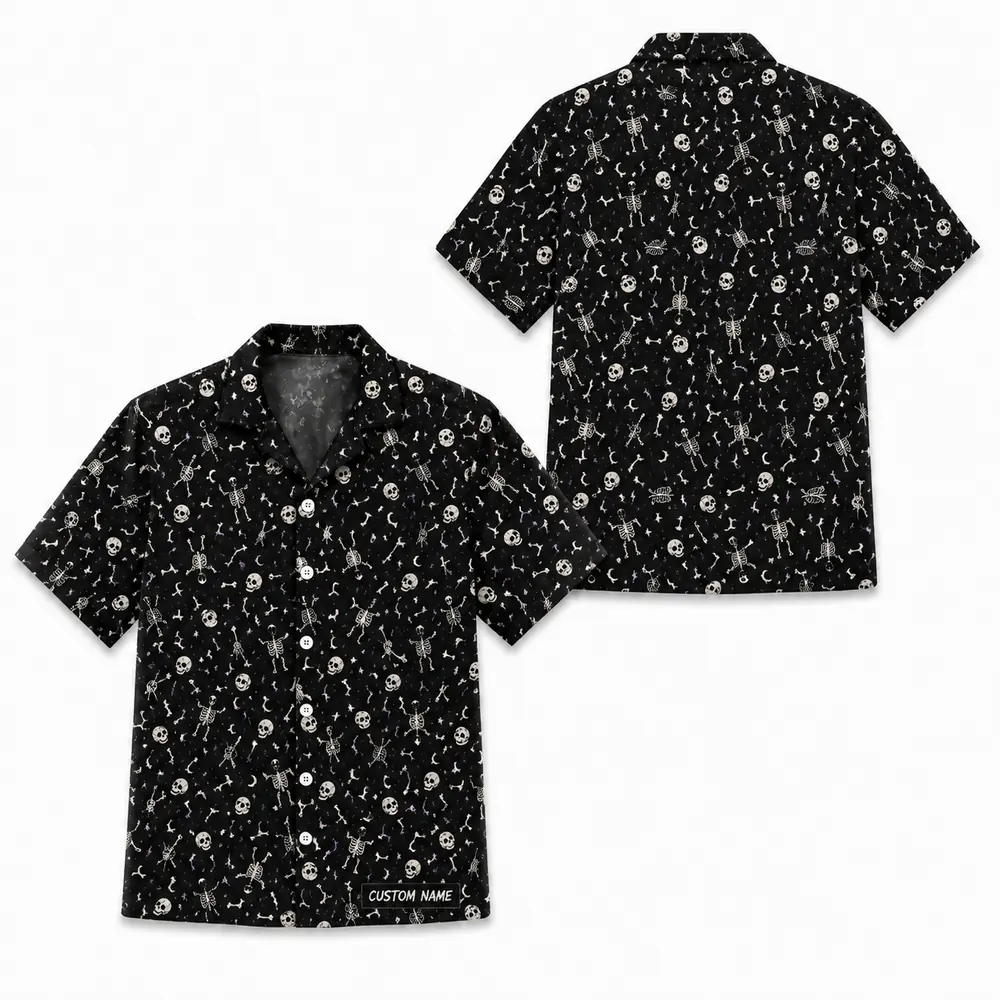 Personalized Gothic Skull Hawaiian Shirt, Spooky Skeleton Bones Aloha Shirt, Custom Name Festival Party Shirt For Men And Women - Style 2