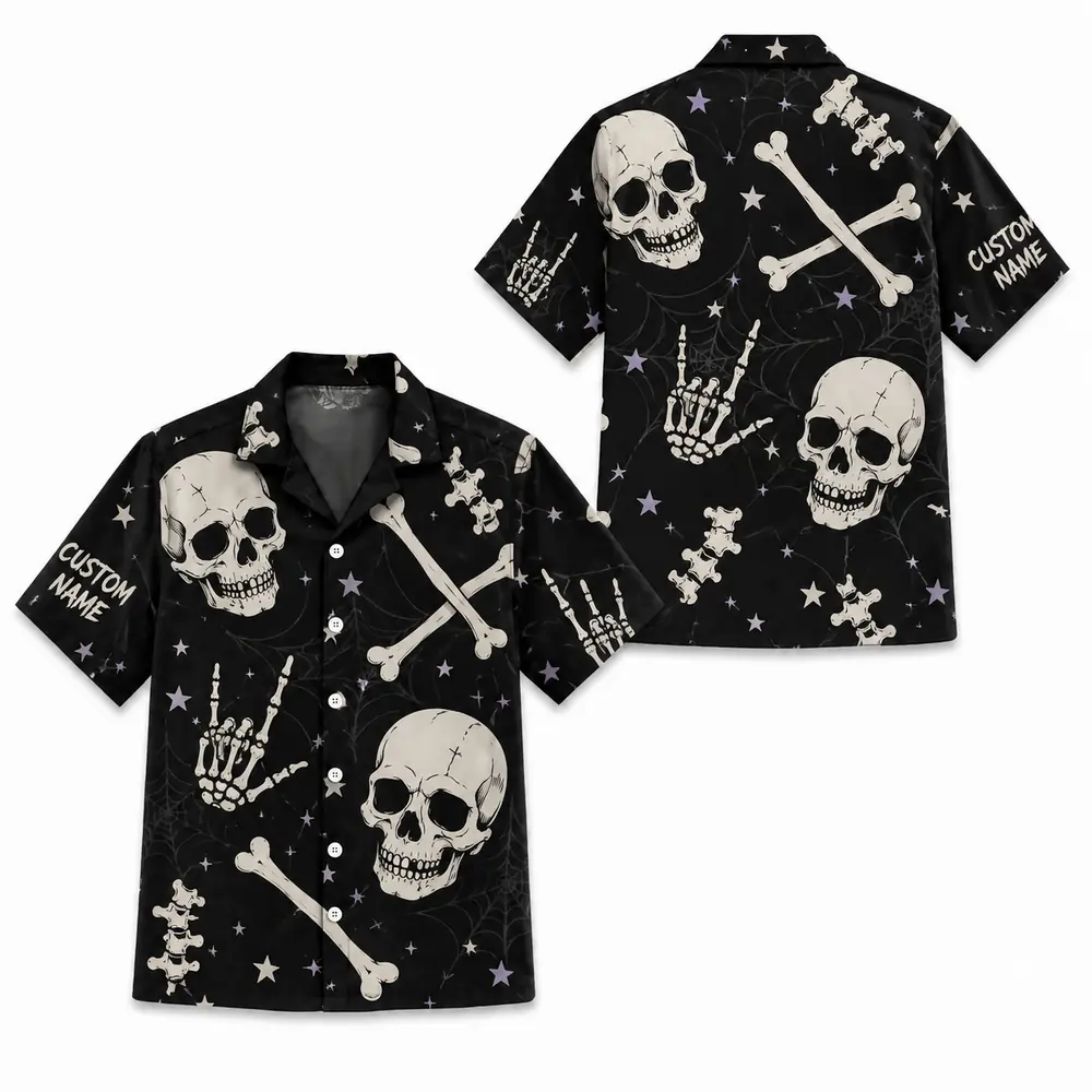 Personalized Gothic Skull Hawaiian Shirt, Spooky Skeleton Bones Aloha Shirt, Custom Name Festival Party Shirt For Men And Women - Style 3