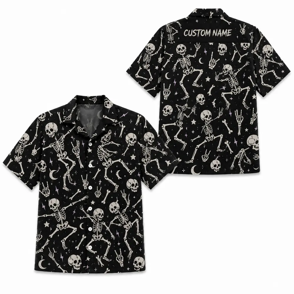 Personalized Gothic Skull Hawaiian Shirt, Spooky Skeleton Bones Aloha Shirt, Custom Name Festival Party Shirt For Men And Women - Style 4