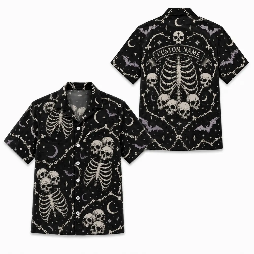 Personalized Gothic Skull Hawaiian Shirt, Spooky Skeleton Bones Aloha Shirt, Custom Name Festival Party Shirt For Men And Women - Style 5