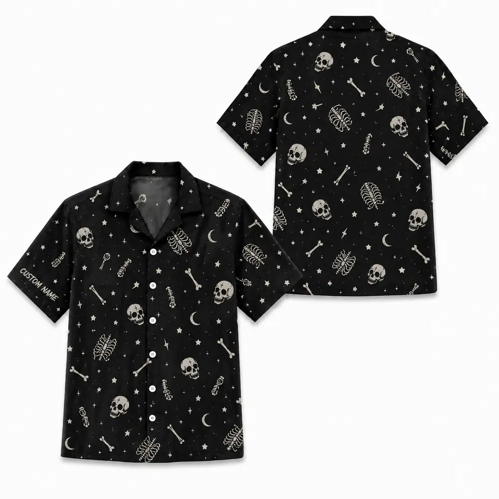 Personalized Gothic Skull Hawaiian Shirt, Spooky Skeleton Bones Aloha Shirt, Custom Name Festival Party Shirt For Men And Women - Style 6