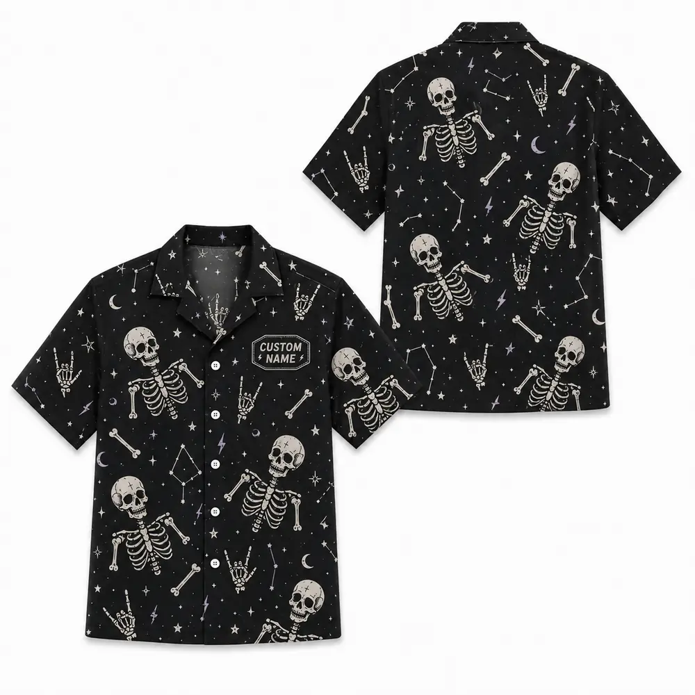 Personalized Gothic Skull Hawaiian Shirt, Spooky Skeleton Bones Aloha Shirt, Custom Name Festival Party Shirt For Men And Women - Style 7