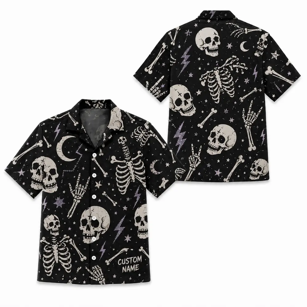 Personalized Gothic Skull Hawaiian Shirt, Spooky Skeleton Bones Aloha Shirt, Custom Name Festival Party Shirt For Men And Women - Style 8
