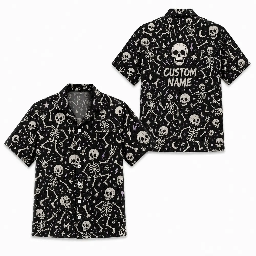 Personalized Gothic Skull Hawaiian Shirt, Spooky Skeleton Bones Aloha Shirt, Custom Name Festival Party Shirt For Men And Women - Style 9