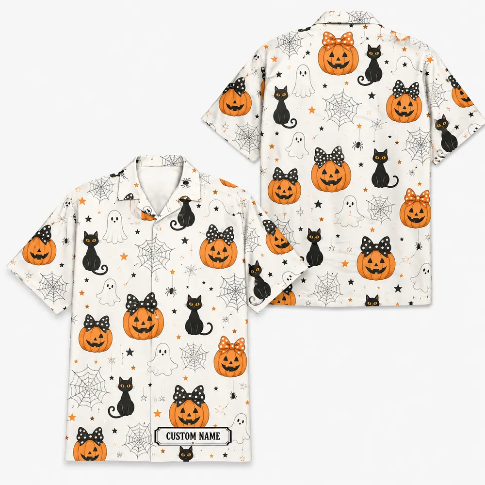 Personalized Halloween Black Cat Hawaiian Shirt, Cute Spooky Pumpkin Aloha Shirt, Custom Name Festival Party Shirt For Men And Women - Style 1