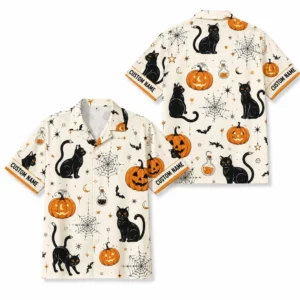 Personalized Halloween Black Cat Hawaiian Shirt, Cute Spooky Pumpkin Aloha Shirt, Custom Name Festival Party Shirt For Men And Women - Style 2