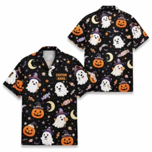 Personalized Halloween Ghost Hawaiian Shirt, Cute Spooky Pumpkin Aloha Shirt, Custom Name Festival Party Shirt For Men And Women - Style 1